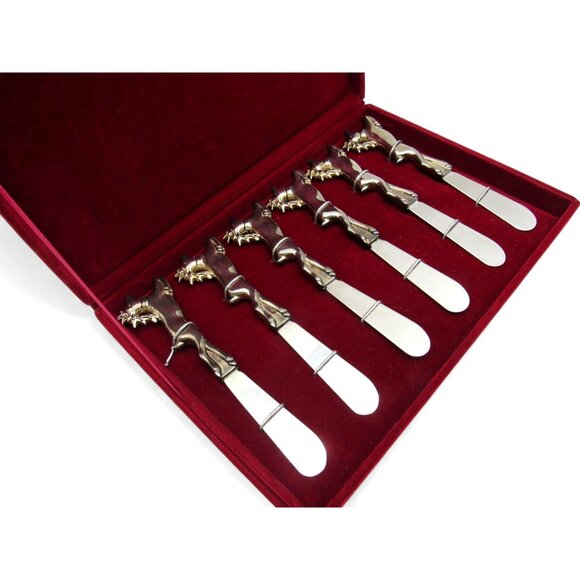 REINDEER Silver-Plated Butter Knives Cheese Spreaders in Red Velvet Case Vintage - Picture 10 of 10